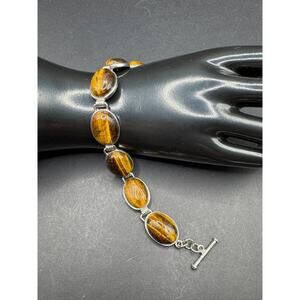 Vtg Tigers Eye Silver Tone Oval Shape Gemstone Fashion Jewelry Bracelet 7.5"